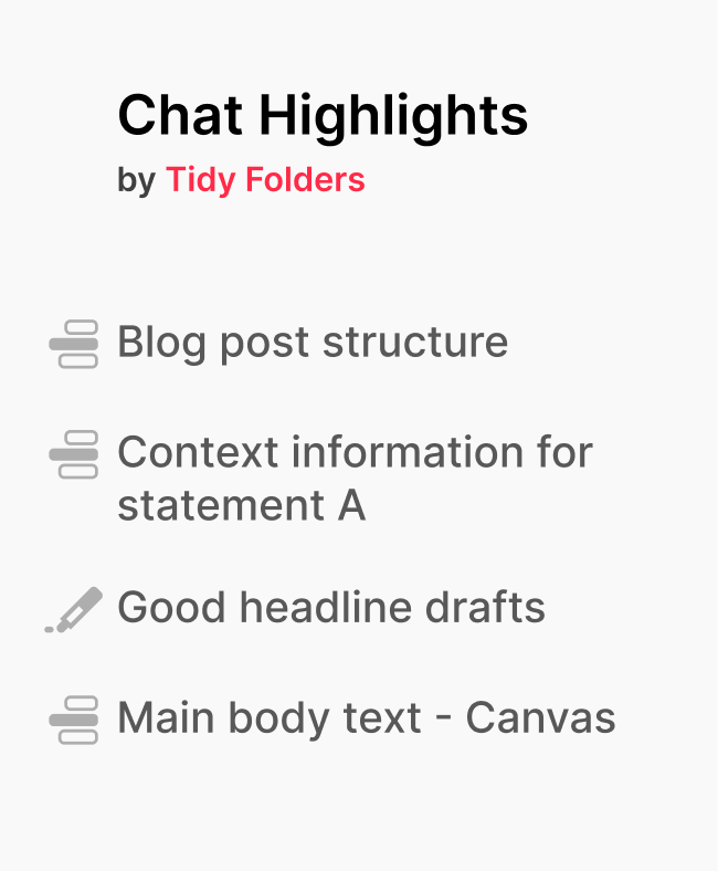 The Chat Highlights panel of the Claude folders extension Tidy: saved highlights such as Blog post structure and Good headline drafts, each one a link back to its exact spot in the conversation