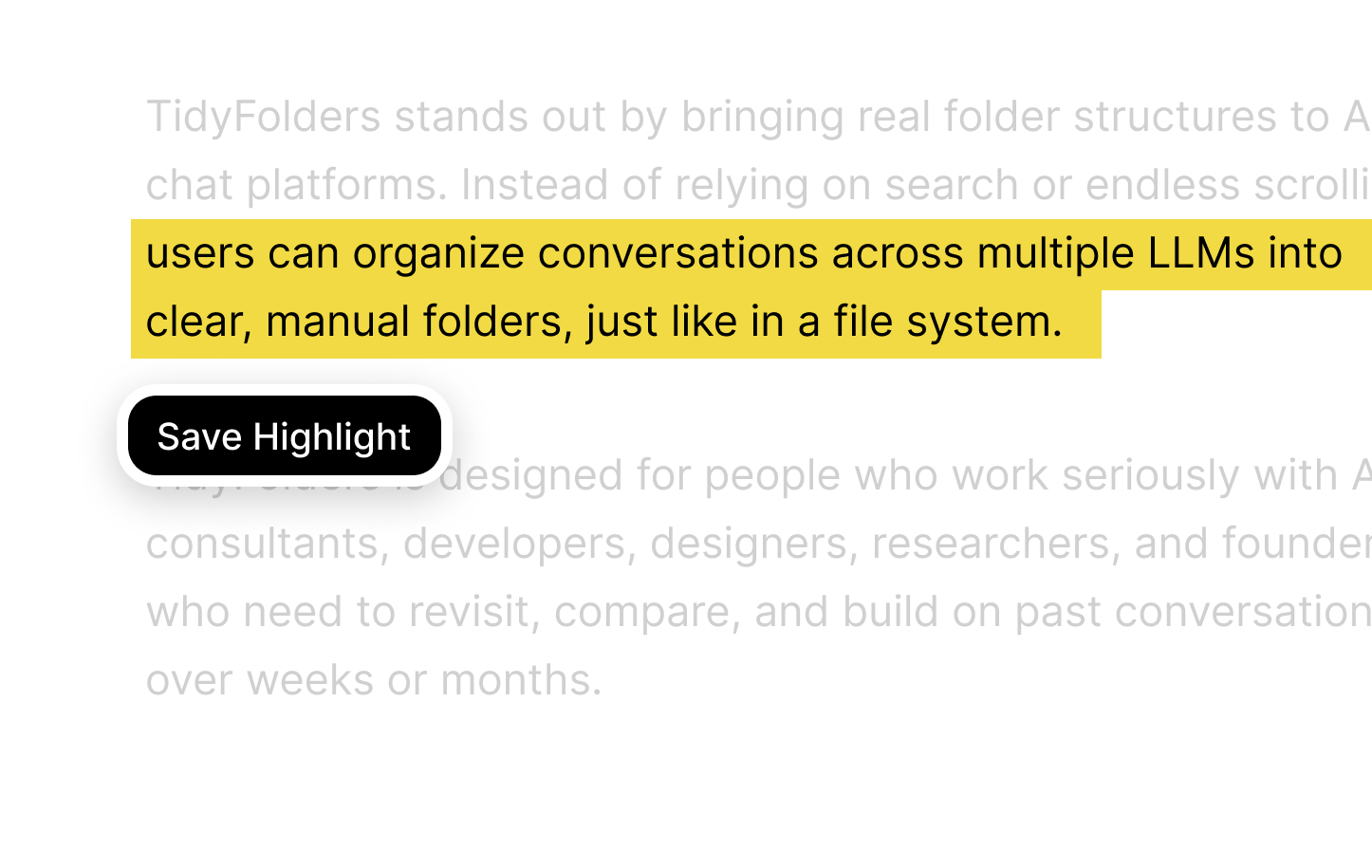 Text highlighting in Tidy, the extension behind Claude folders: the key passage of an answer marked in yellow, with the Save Highlight button underneath